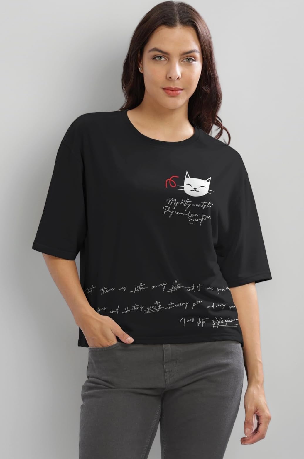 HELLCAT Beige Printed Loose Fit Crew-Neck Crop T-Shirt for Women