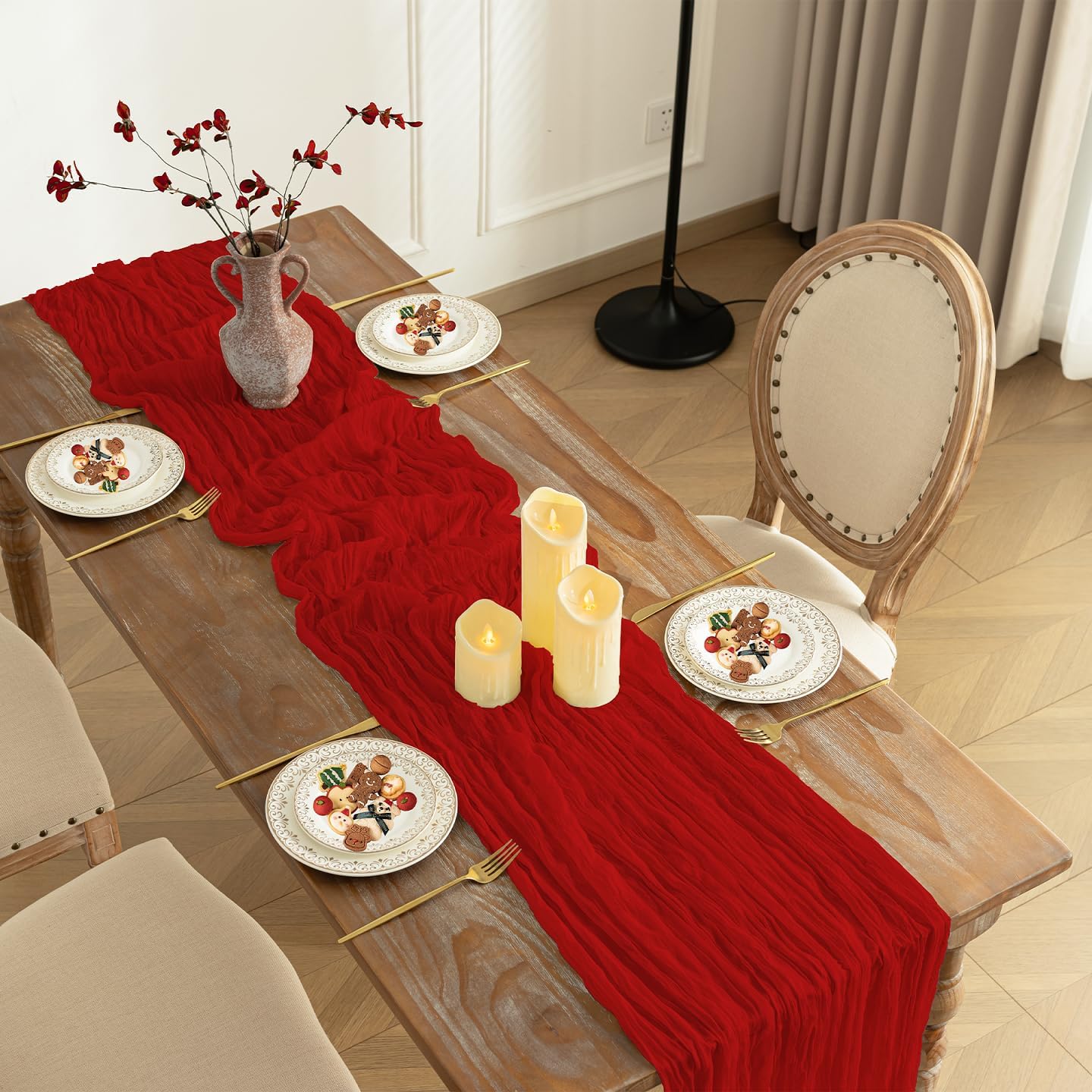Baccessor 2 Pack Christmas Cheesecloth Table Runner 13x120 Inch, 10ft Red Gauze Table Runner, Boho Rustic Cheese Cloths Runner for Xmas Winter Holiday Decor