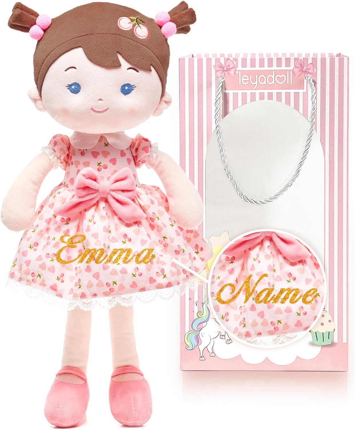 LeyaDoll Personalized Soft Baby Doll Toys for Girls (16''), My First Birthday Gift, Christmas Dolls, Leya Doll Baby Rag Doll Plush Toys for Toddler Kids Infants -Cherry Girl Light