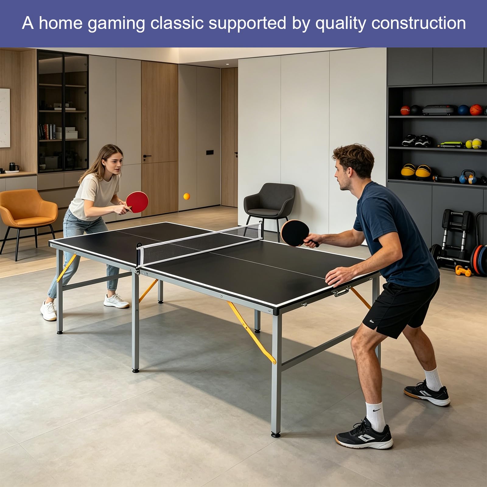 Tavolo da ping pong, 182 x 91 cm, pieghevole, professionale e portatile, con rete, 2 racchette e 4 palline, per interni ed esterni (nero)
