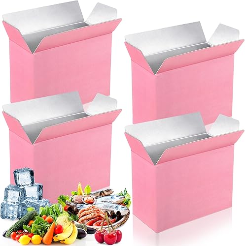 Miniatura 1 de Janlaugh 4 cajas de envío aisladas de color rosa para envío de alimentos congelados con forro de papel de aluminio, juegos de cartón de aluminio