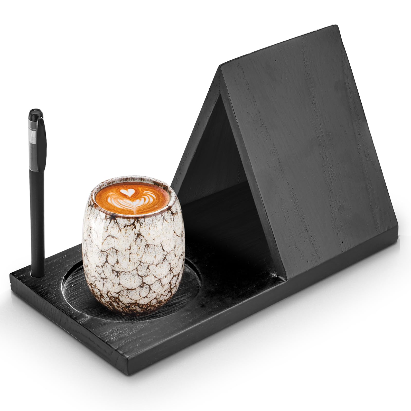 Yitexin Triangle Wood Book Rest with Cup Holder, Mini Wooden Book Holder Bookcase, Reading Stand for Bedroom Nightstand Office Desk (Black)