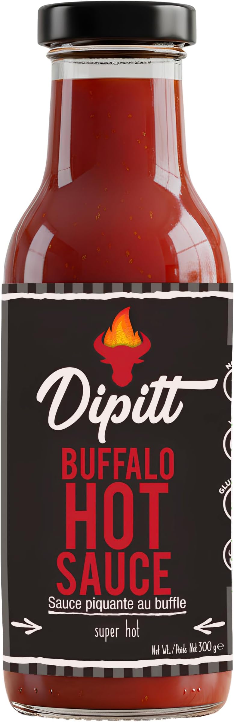 Dipitt buffalo hot sauce 10.58 oz (300g) | condiment for dipping, marinade & cooking | verified non-gmo | halal & gluten free | no artificial flavours and colours | finest glass bottle