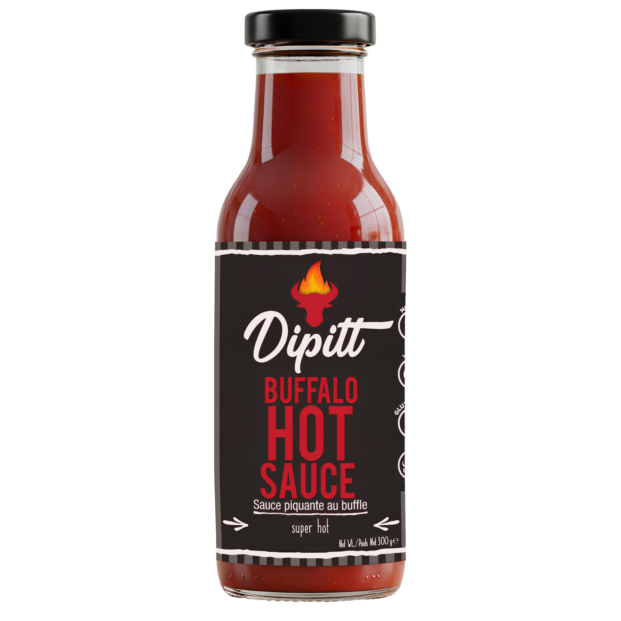 Dipitt buffalo hot sauce 10.58 oz (300g) | condiment for dipping, marinade & cooking | verified non-gmo | halal & gluten free | no artificial flavours and colours | finest glass bottle