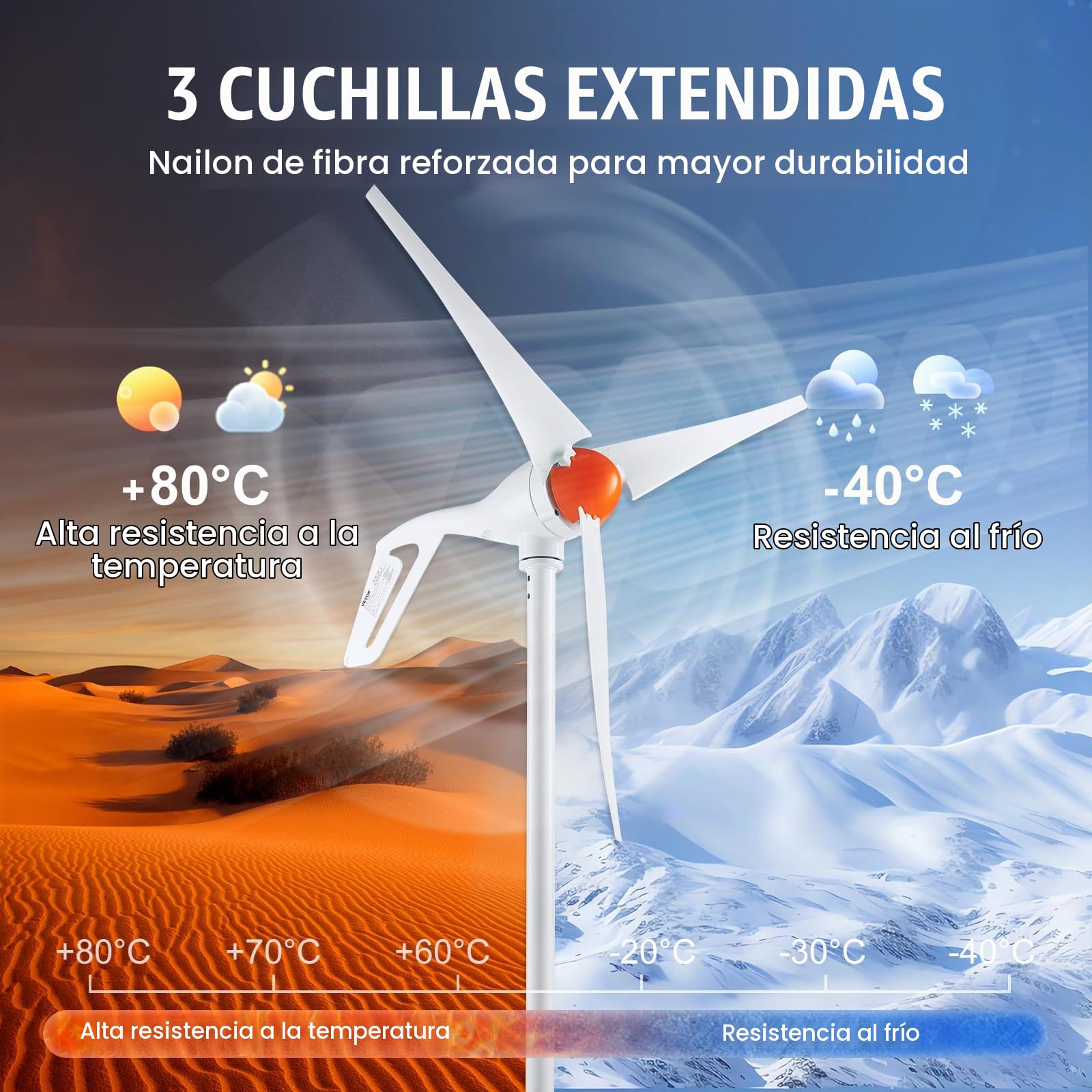 VEVOR Kit de Generador de Turbina Eólica 500 W 12V 3 Palas Controlador MPPT Dirección del Viento Ajustable Velocidad de Arranque del Viento 2,5 m/s con Anemómetro para Hogar, Granja, Vehículos, Barcos