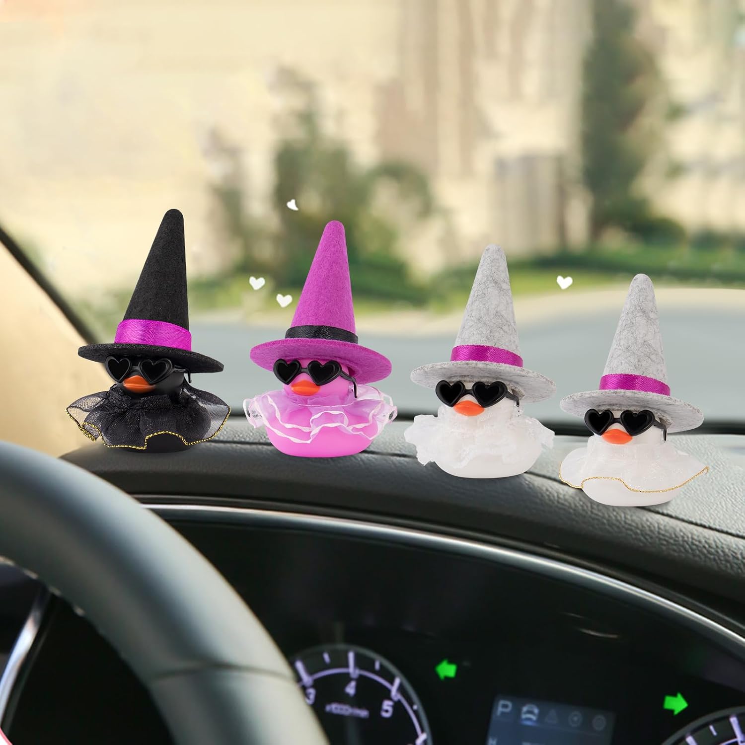 wonuu Car Dashboard Witch Colorful Rubber Ducks for Halloween, Decorations Duck for Office Desk Ornament Accessories with Hat Glasses Skirt, Gold Edge Skirt Black