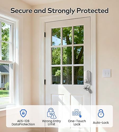 Miniatura 9 de TEEHO TE012W-K Cerraduras inteligentes WiFi para puerta delantera, cerradura de puerta de entrada sin llave con huella dactilar con 2 perillas, WiFi