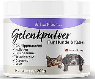 TierPlus Gelenkpulver für Hunde & Katzen, mit Grünlippmuschel, MSM, Kollagen, Glucosamin, Teufelskralle, Curcuma. Mehr Bewegungsfreude, Hohe Fressakzeptanz, 200g Pulver, hochdosiert & Made in Germany
