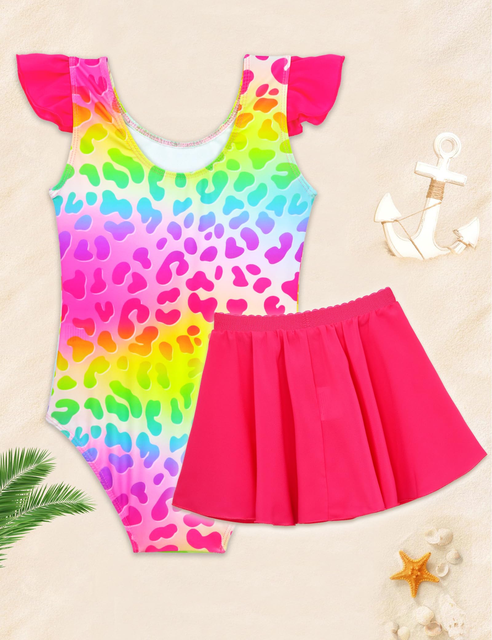 Girls Bathing Suit Size 7-8 Years Old Rainbow Leopard Sleeveless Summer Swim Dress Skirted Swimsuit