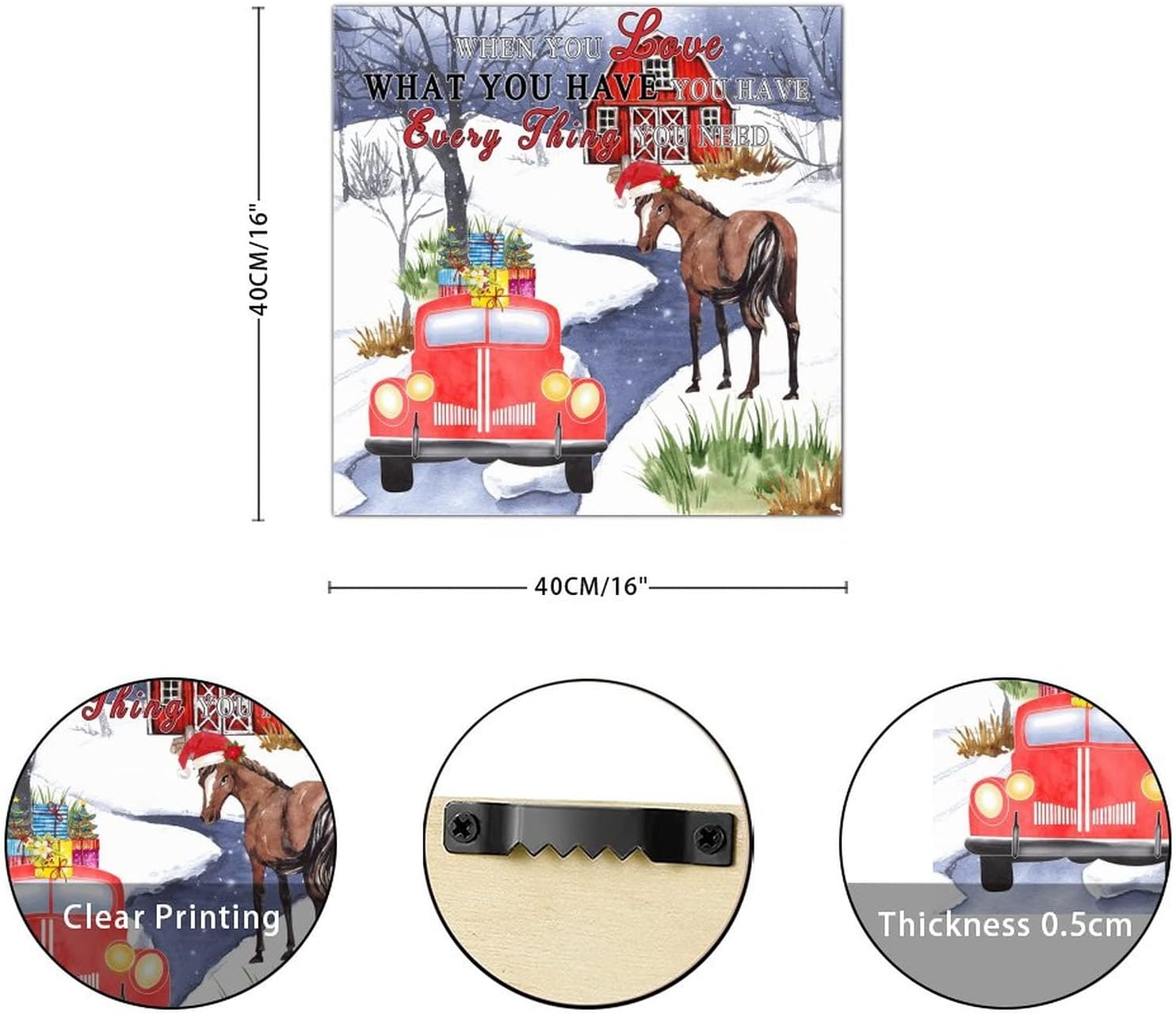 When You Love What You Have Wooden Signs Vintage Farm Red Truck Christmas Hat Horse Positive Wall Plaque Holy Night Wall Decor Farmhouse Rustic Wooden For Home Family Living Room Bedroom 16x16in