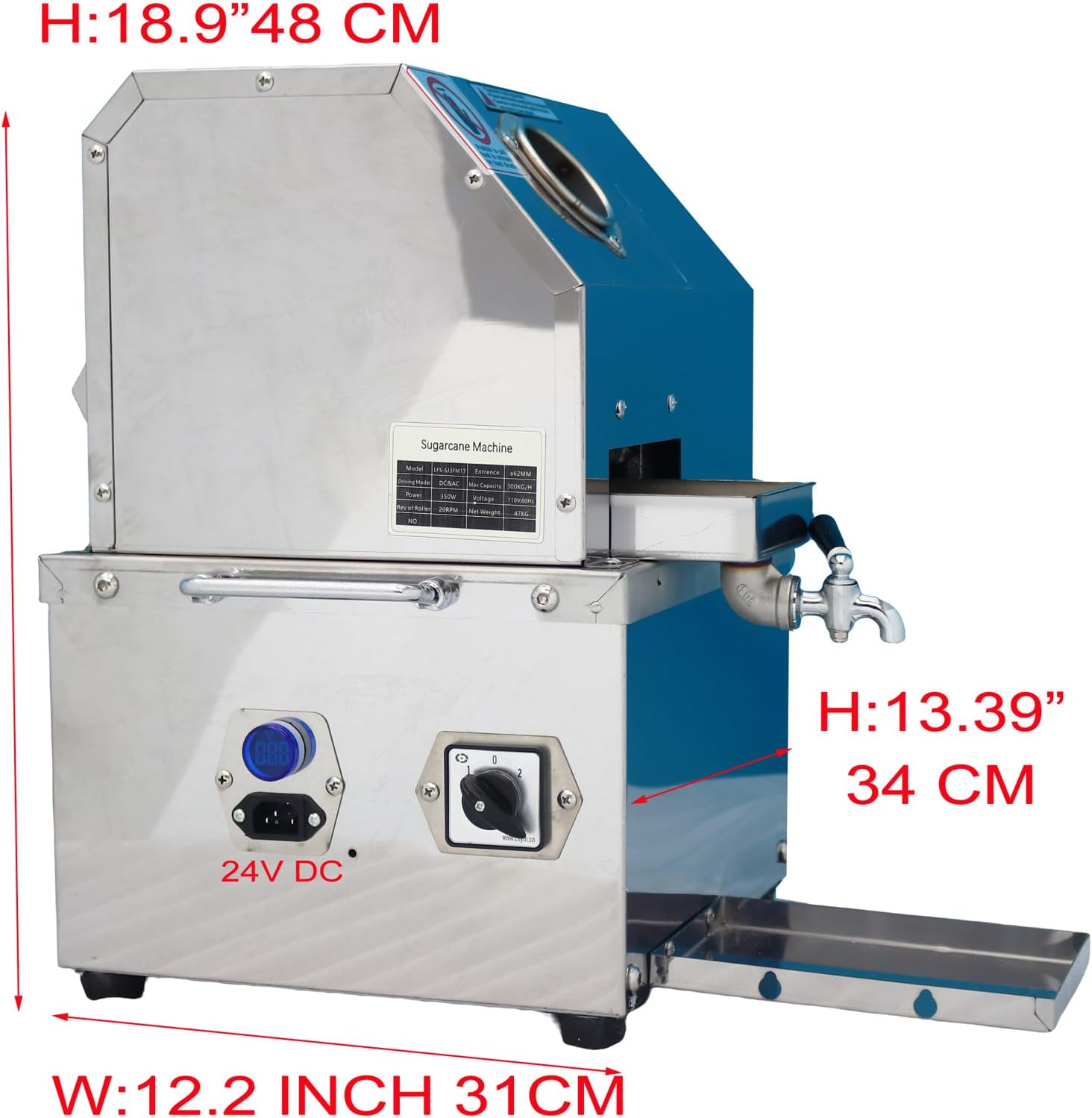 24V DC or 110V AC Commercial Sugar Cane Juicer Sugarcane Press Machine Electric 3 Roller Sugarcane Ginger Juice Extractor with Battery Box &Transformer