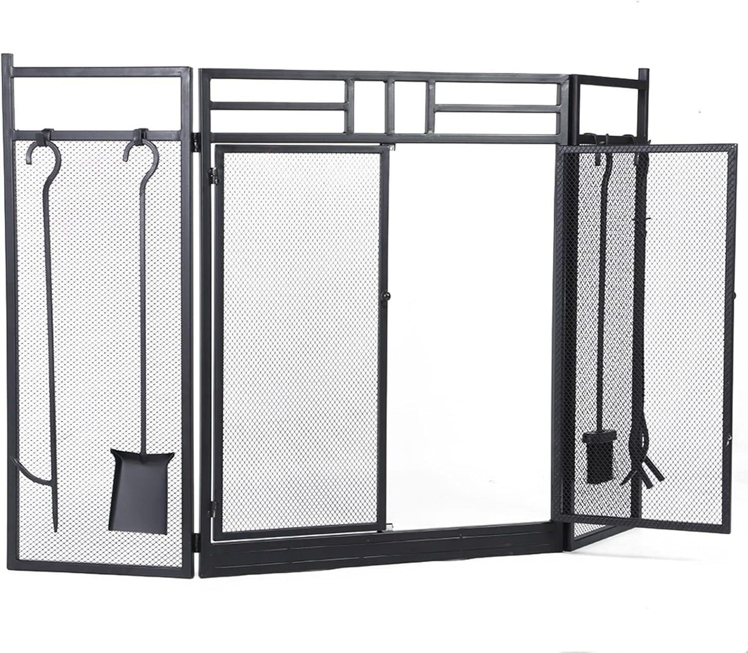 Fireproof 4-Panel Fireplace Screen - Black Safety Barrier for Home Decor, Heat Resistant Flame Guard, Stylish Flat Design for Living Room Protection