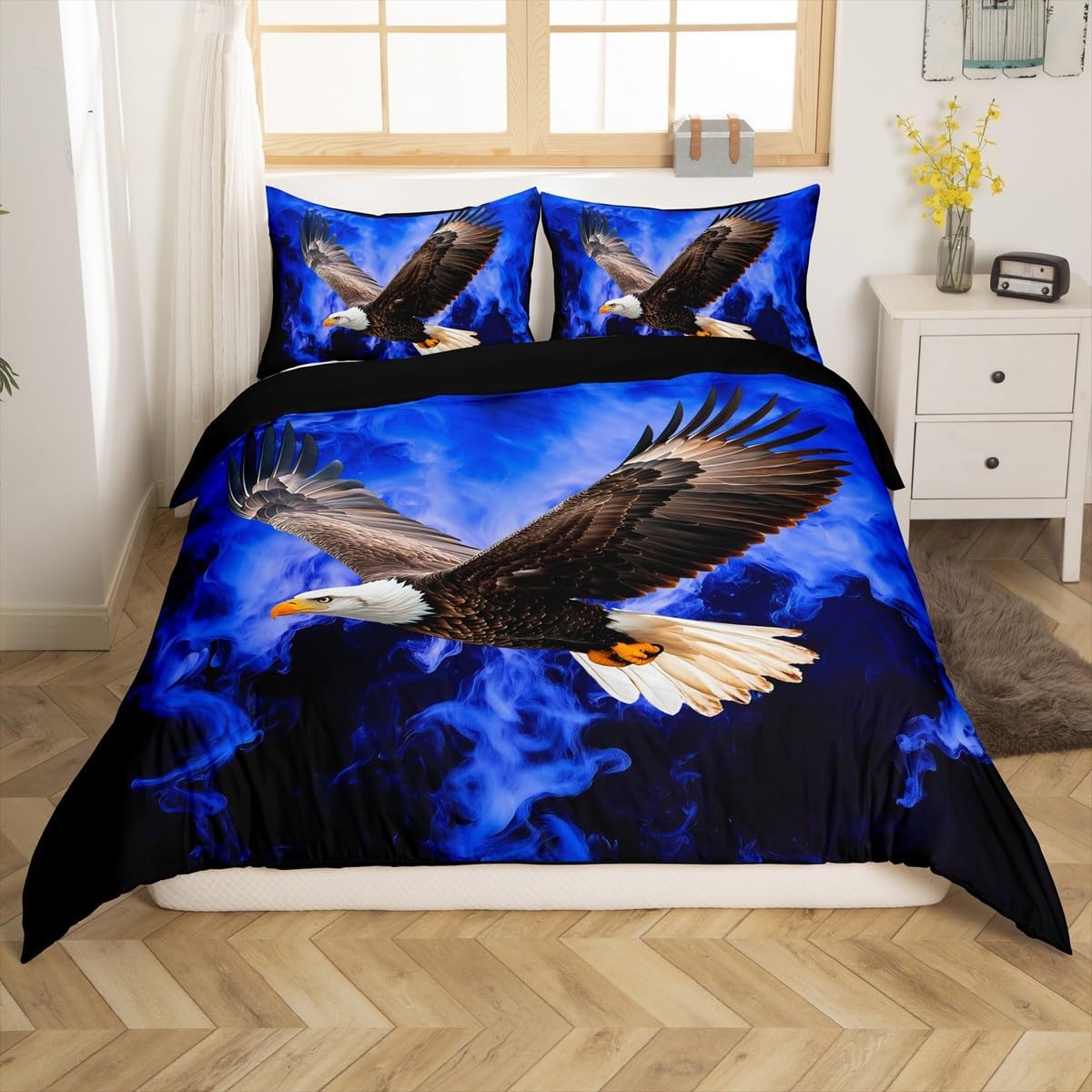 Homewish Eagle Print Duvet Cover Set Toddler Size,Retro Bird Animal Wildlife Reversible Quilt Cover for Kids Boys Girls Blue Fire Flame Smoke Black Bedding Set with 1 Pillowcase,No Comforter