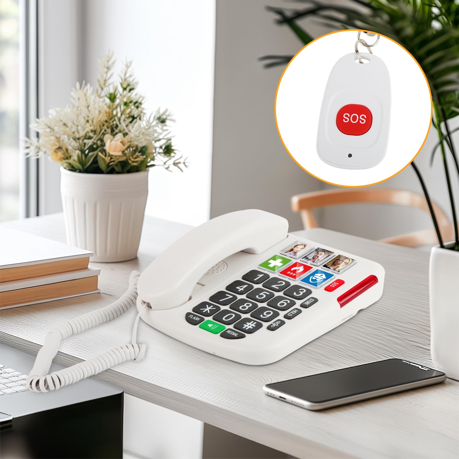 Uvital - Teléfono de botón grande con volumen fuerte, soporte de teléfono fijo de volumen ajustable y marcaciones rápidas con un solo toque, teléfono multifuncional con cable para personas mayores