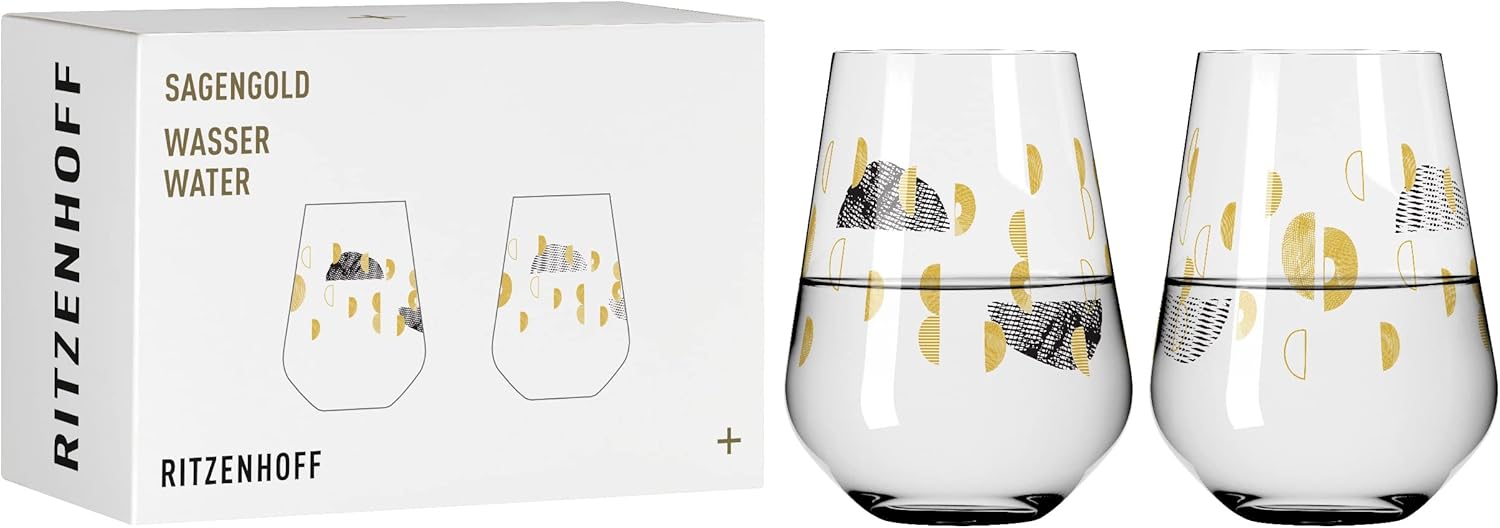 RITZENHOFF Sagengold No. 2 Series 3421002 Water Glass 500 ml Set of 2 with Grape Motif, Real Gold, Made in Germany, Black, Gold