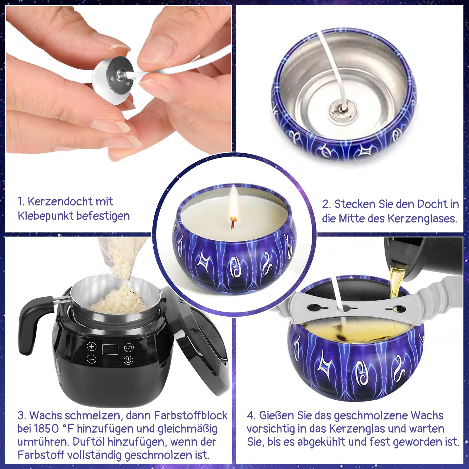 Set per candele fai da te, con 1 l, accessori per la produzione di candele – 480 g di cera di soia, 8 barattoli per candele, stoppini per candele, porta stoppini, adesivi per stoppini, set di candele