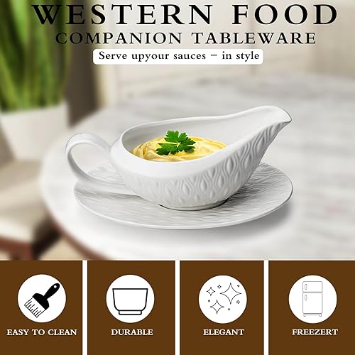 Miniatura 5 de Barco de salsa de porcelana, cuenco de salsa de 16 onzas con platillo para caldo, aderezos de ensalada, crema, leche, pimienta negra (blanco)