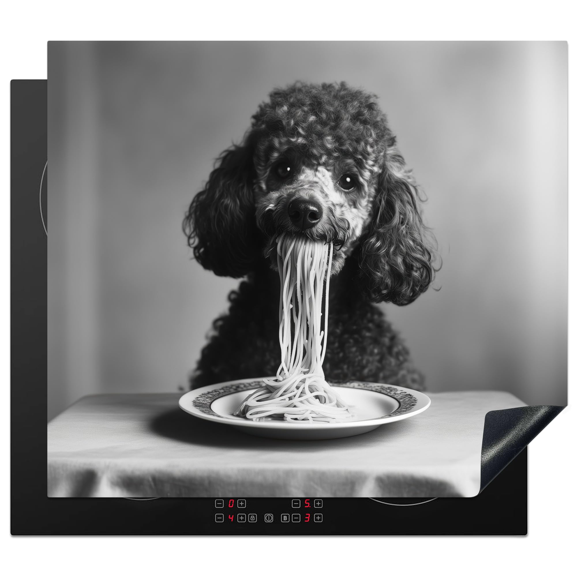 KitchenYeah© Induction Hob Cover Protector Mat 20.1"x23.2" / 59x51 cm Kitchen Universal Ceramic Covers for Electric Cookers Vinyl Poodle - Dog - Black - White - Cute - Pasta