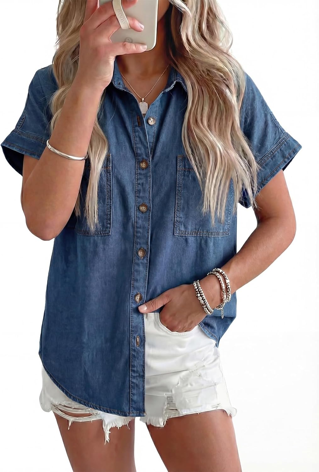 Sidefeel Women's Button Down Denim Shirt Collared Short Sleeve Jean Shirt Blouse with Pockets