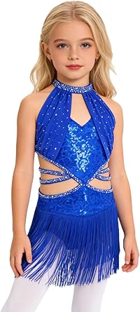 Agoky Kids Girls Ballroom Tango Latin Dance Dress Sequin Rhinestones Fringe Bodysuit Tassel Skirted Leotard Dress