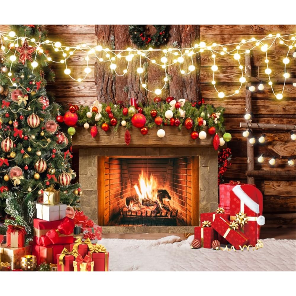 Renaiss 3 x 2,1 m sfondo per camino natalizio per servizi fotografici di Natale alberi di Natale regali rustico fienile camino fotografia sfondo Capodanno festa di Natale sfondo decorazione studio