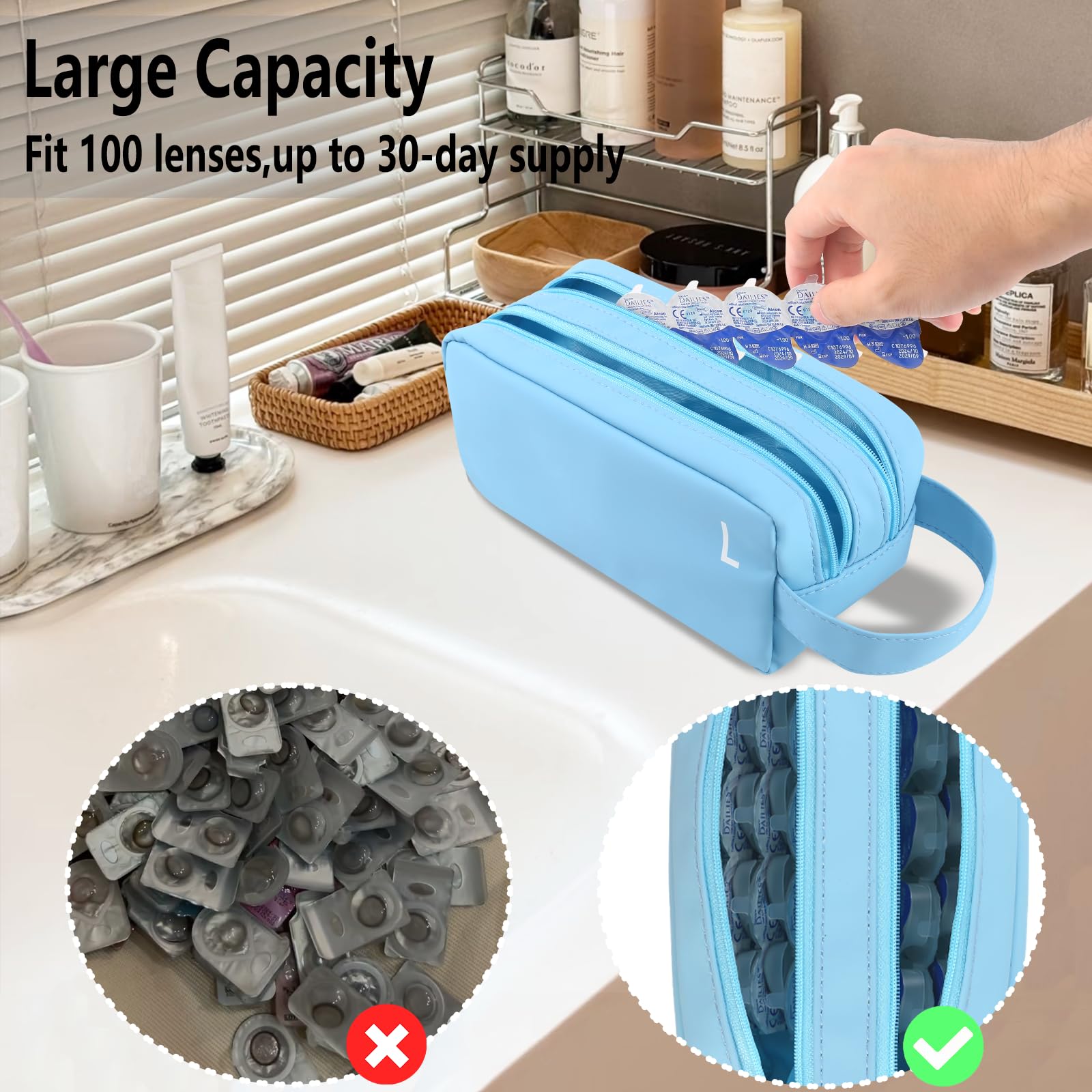 Custodia organizer per lenti a contatto giornaliere, custodia portatile per lenti a contatto, custodia da viaggio per lenti a contatto con R & L, per contenere fino a 100 lenti, Blu, 8.46 x
