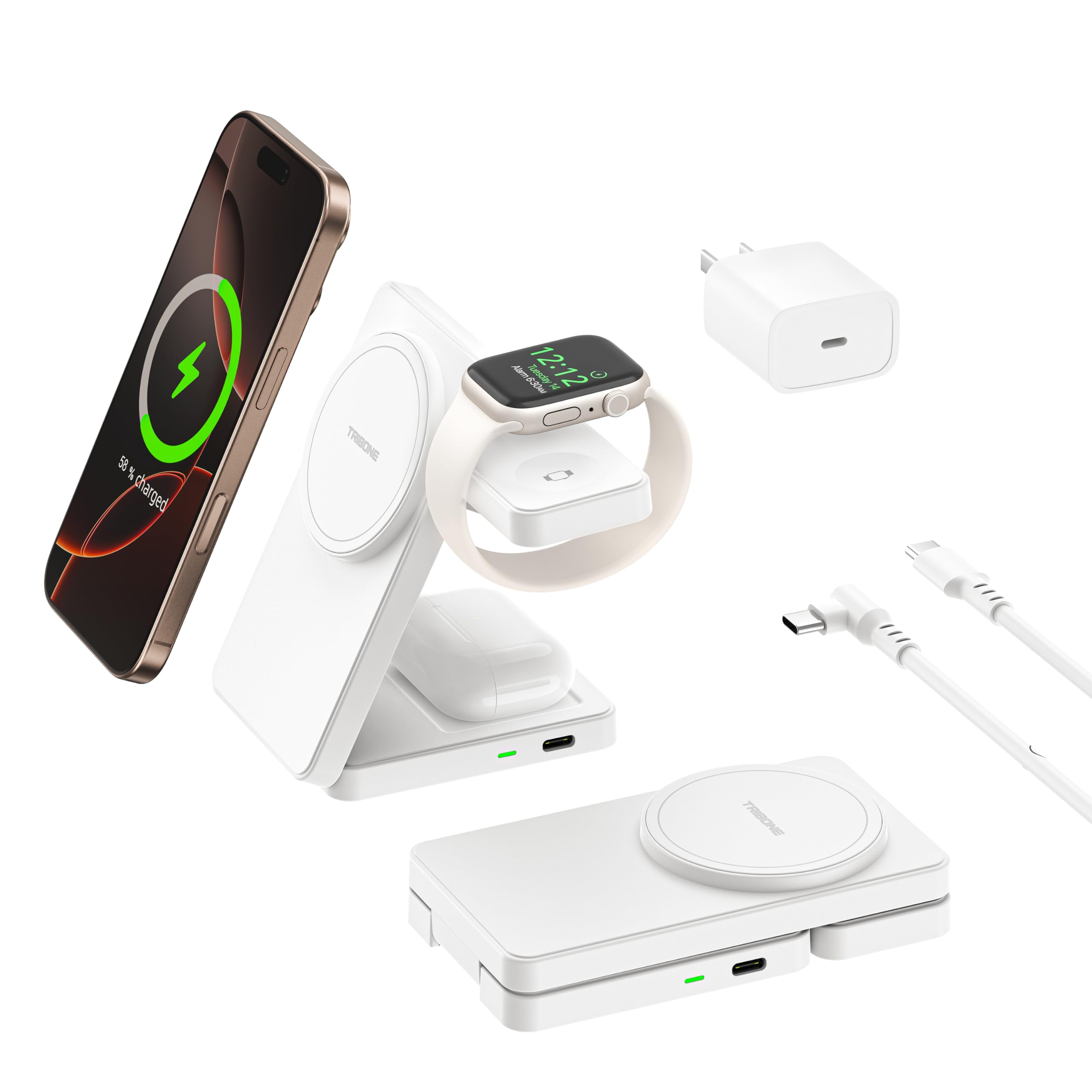 3 in 1 Charging Station for iPhone 16/15/14/13/12 Series, Wireless Charger for Apple Watch?Travel Magnetic Charging Stand for AirPods (White)