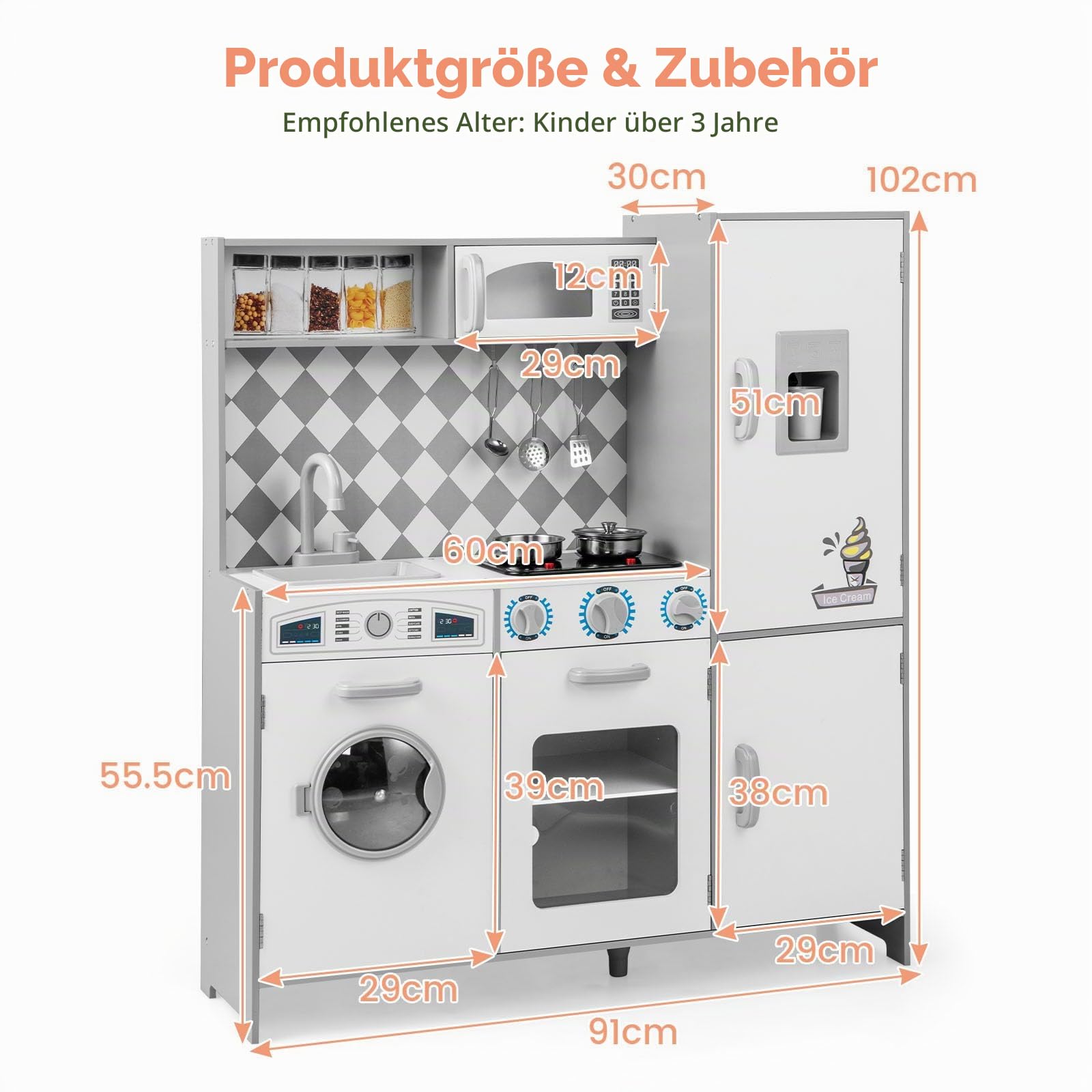 HOMASIS Spielküche mit Zubehör, Kinderküche Holz mit Herd Spüle Wasserhahn Mikrowelle Ofen Waschmaschine, Spielzeugküche mit Licht & Sound, Küchenspielzeugset für Kinder ab 3 Jahren (Weiß, Modell 1)