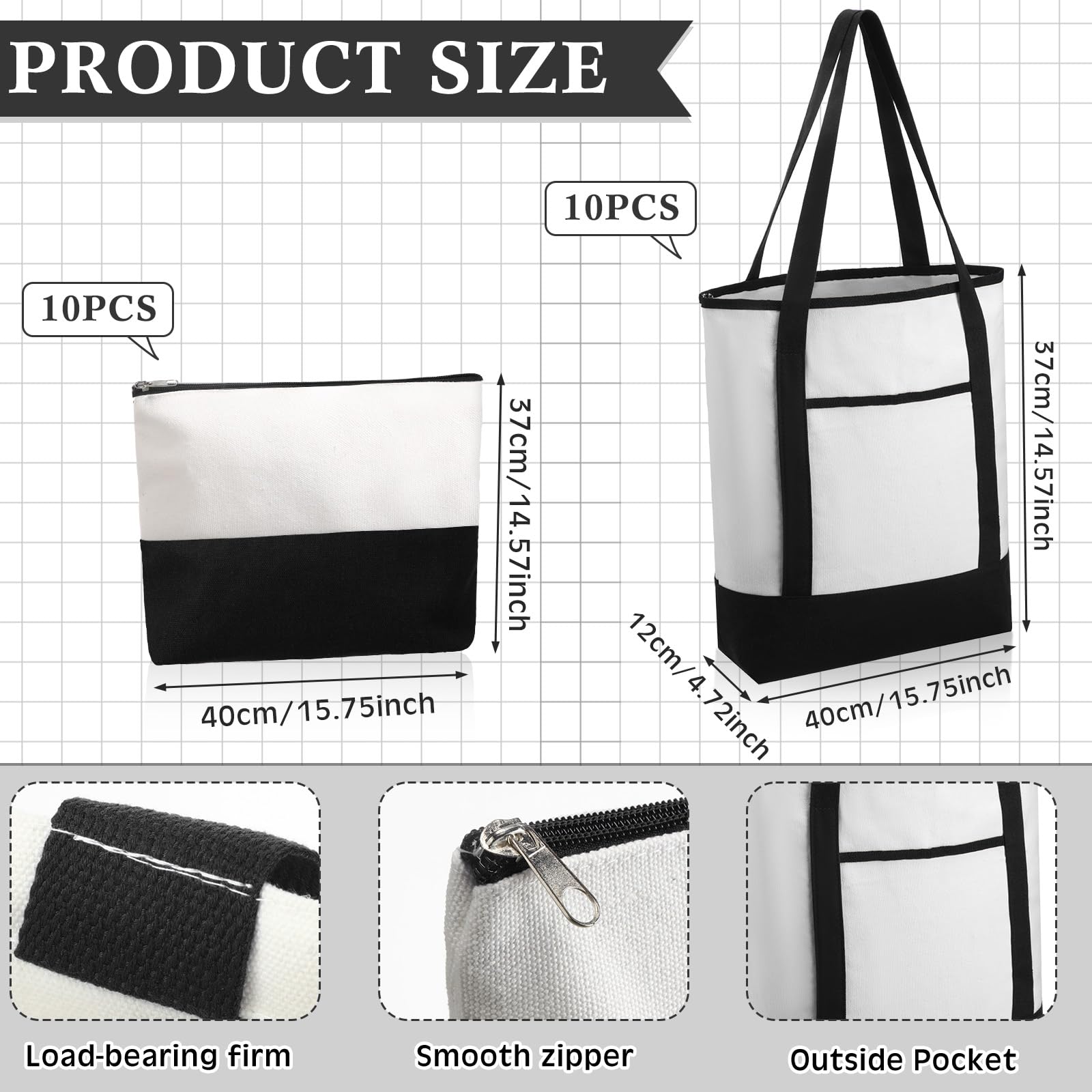Sweetude Juego de 20 bolsas de lona con bolsa de maquillaje, bolsas de lona en blanco a granel con asas con cremallera, bolsas de cosméticos, bolsa de tela para bricolaje, Negro -, Large