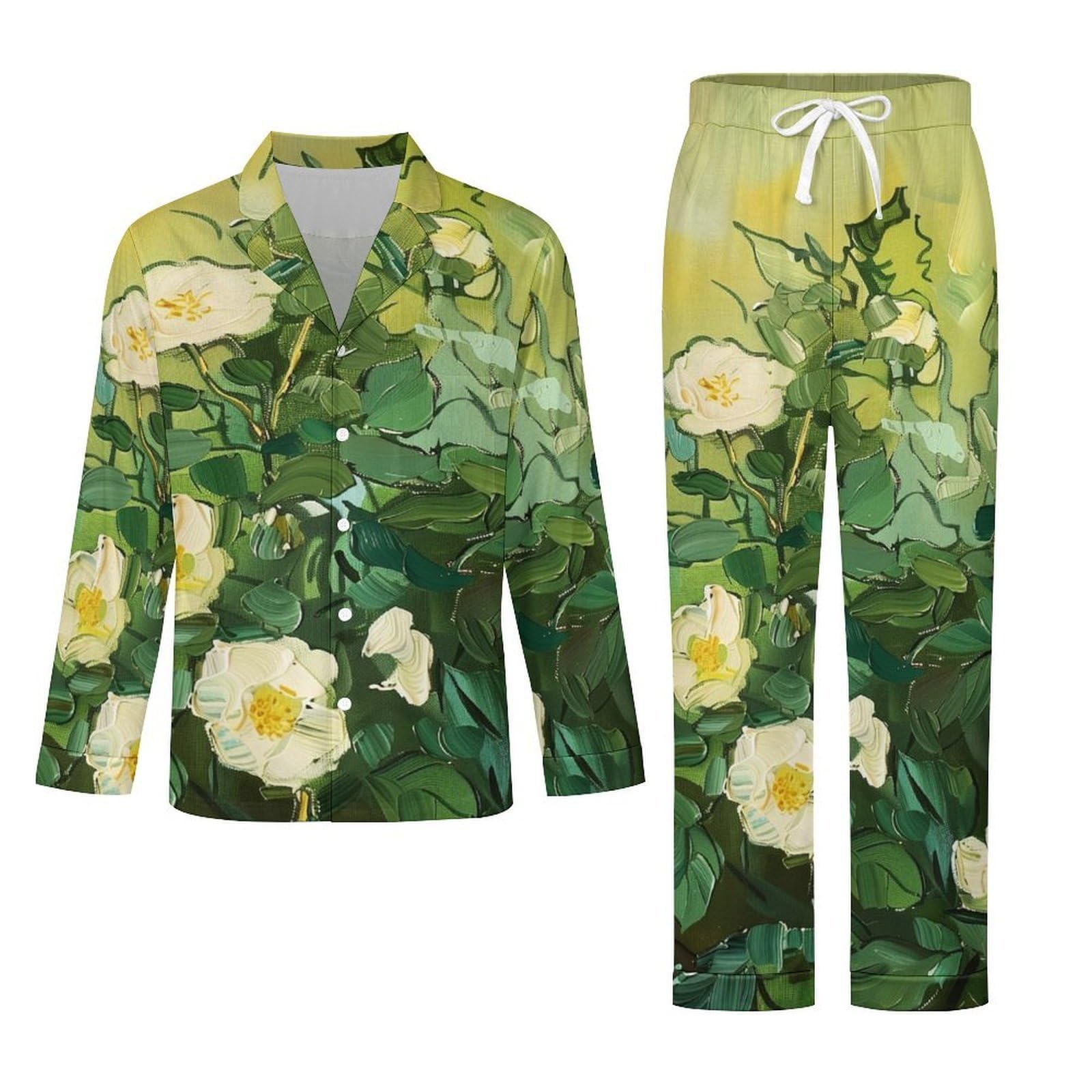 Completo Pigiama da Uomo - Fiori Dipinti Ad Olio Top E Pantaloni in 2 Pezzi Pigiama Casual E Ampio A Maniche Lunghe Morbido Autunnale E Invernale.