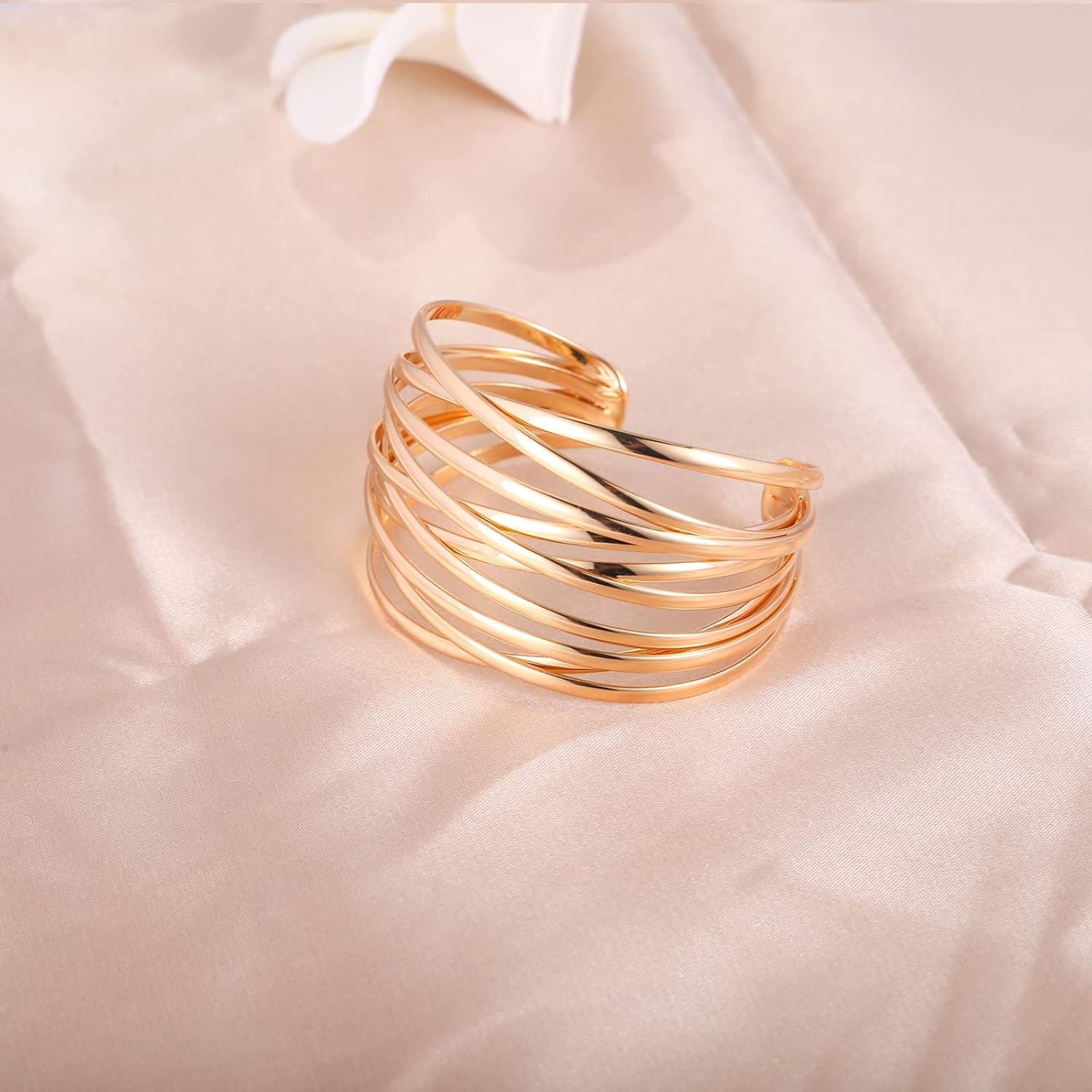 WOWORAMA Chunky Cuff Bracelets for Women Multi-layer Cross Wire Open Bangle Bracelet Adjustable Chunky Wide Open Wrist Arm Cuffs Wrap Bracelet Gold/White Gold - Image 7