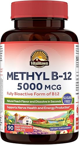 Vitalitown Vitamina B12 (Metilo B12) 5000 mcg, forma totalmente bioactiva, apoya la producción de energía, sabor natural de melocotón, cero azúcar,