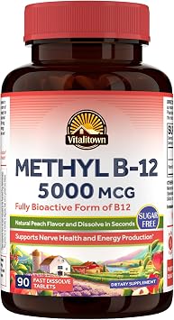 Vitalitown Vitamin B12 Methyl B12 5000 mcg, Fully Bioactive Form, Support Energy Production, Natural Peach Flavor, Zero Sugar, 90 Fast Dissolve Tablets