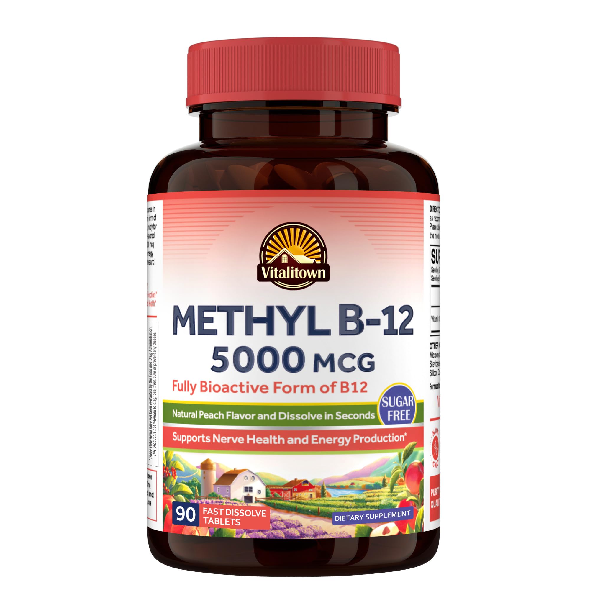 Vitalitown Vitamin B12 (Methyl B12) 5000 mcg, Fully Bioactive Form, Support Energy Production, Natural Peach Flavor, Zero Sugar, 90 Fast Dissolve Tablets 90 Count (Pack of 1)