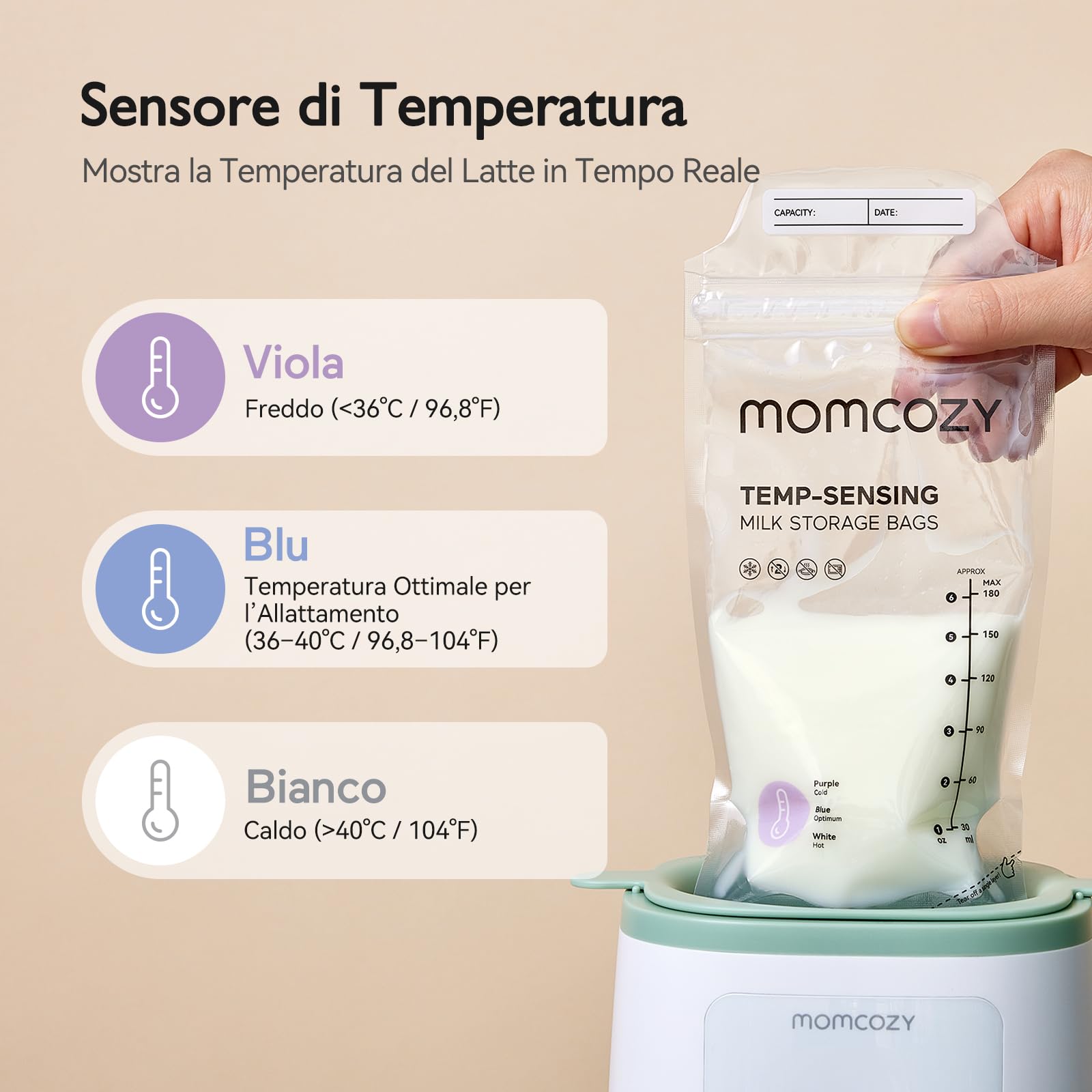 Momcozy Scaldabiberon Portatile, Riscaldamento Rapido e Lunga Durata della Batteria,120 Sacchetti per Conservare il Latte Materno
