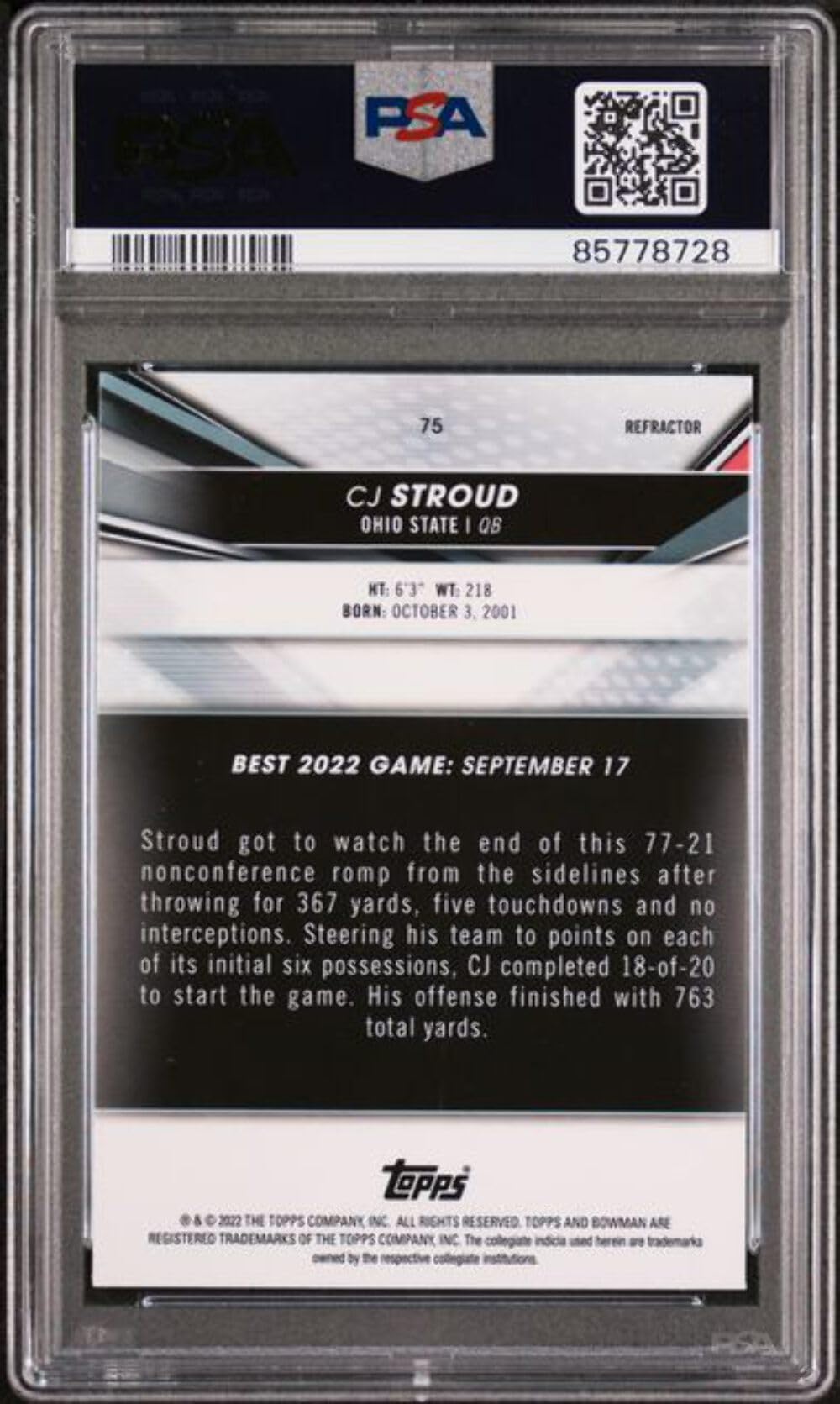Graded 2022 Bowman Best University CJ Stroud #75 Refractor Rookie RC Football Card PSA 10 Gem Mint