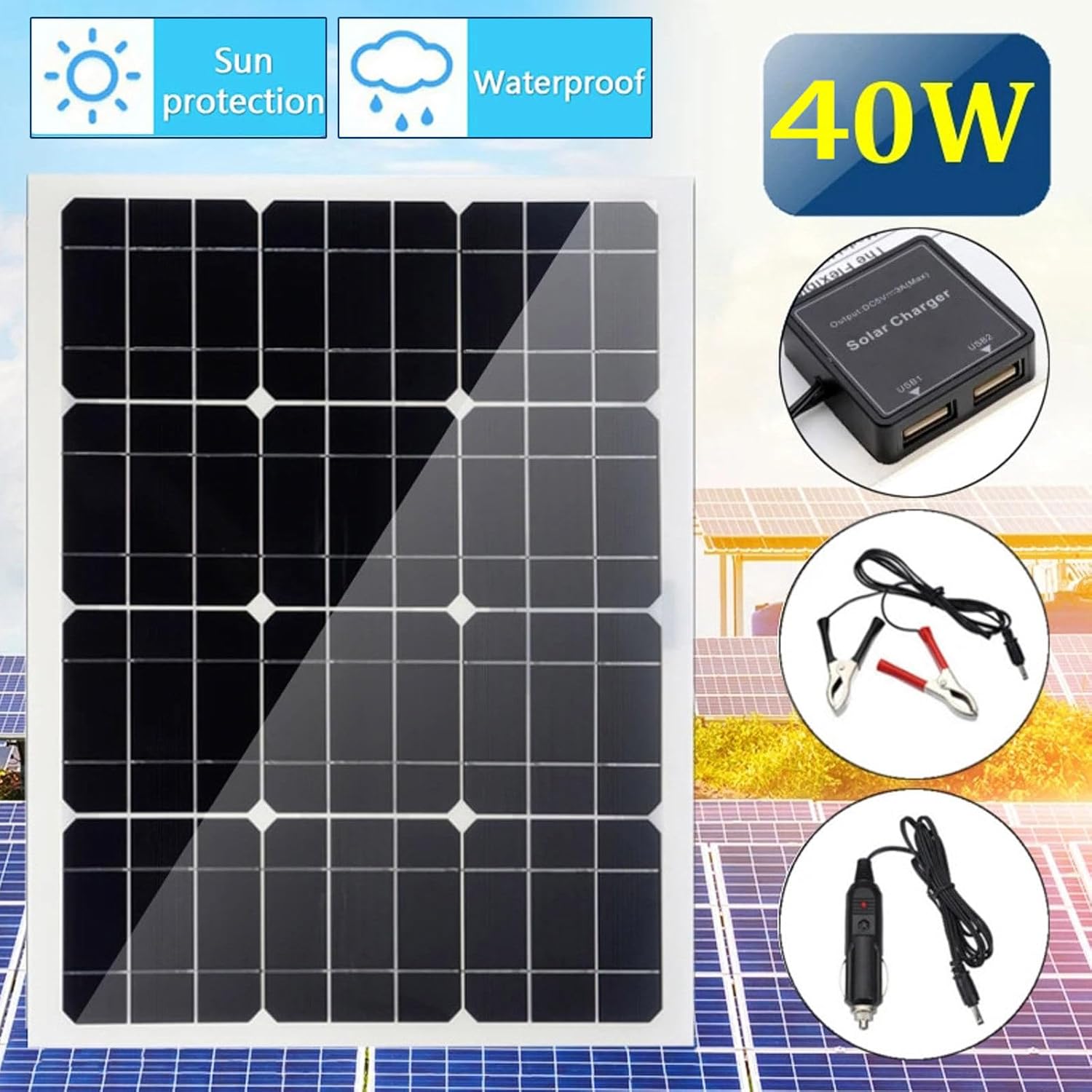 40w Solar Battery Charger Maintainer with 10a/20a/30a Controller, Portable Waterproof, Solar Panel Charger for Cars, Boats, Rvs, Trailers, Motorcycles and More!,50AControllerSet