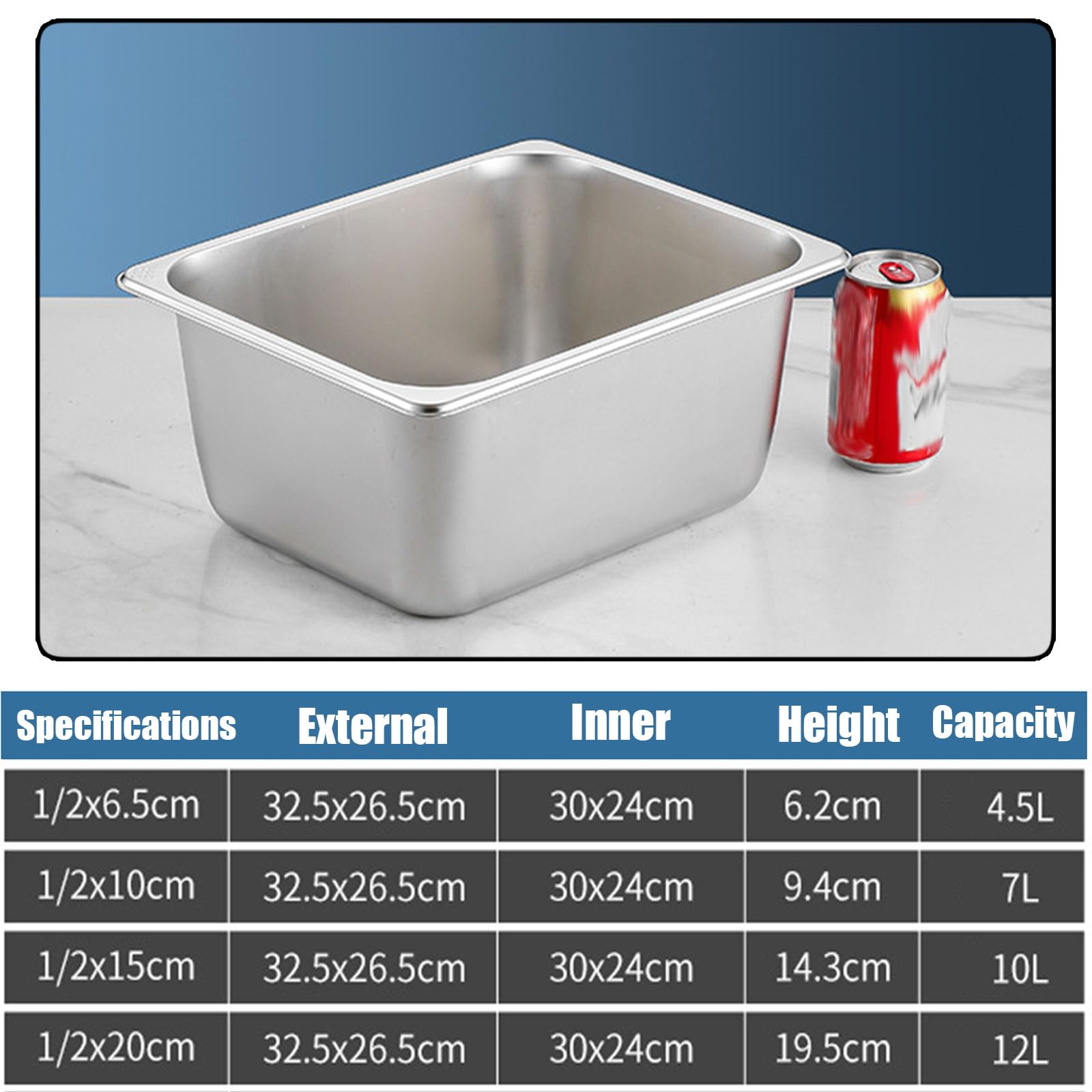 Contenedor GN Accesorios para Pizza,Rectángulo Acero Inoxidable Contenedor Gastronorm,Recipientes para Alimentos Apilable,1/2（32.5 * 26.5cm）,6.5cm