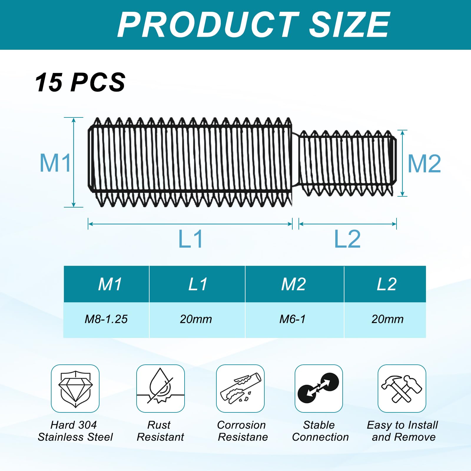 PATIKIL M6x20 to M8x20 Double End Threaded Stud Screw Bolt - Image 2