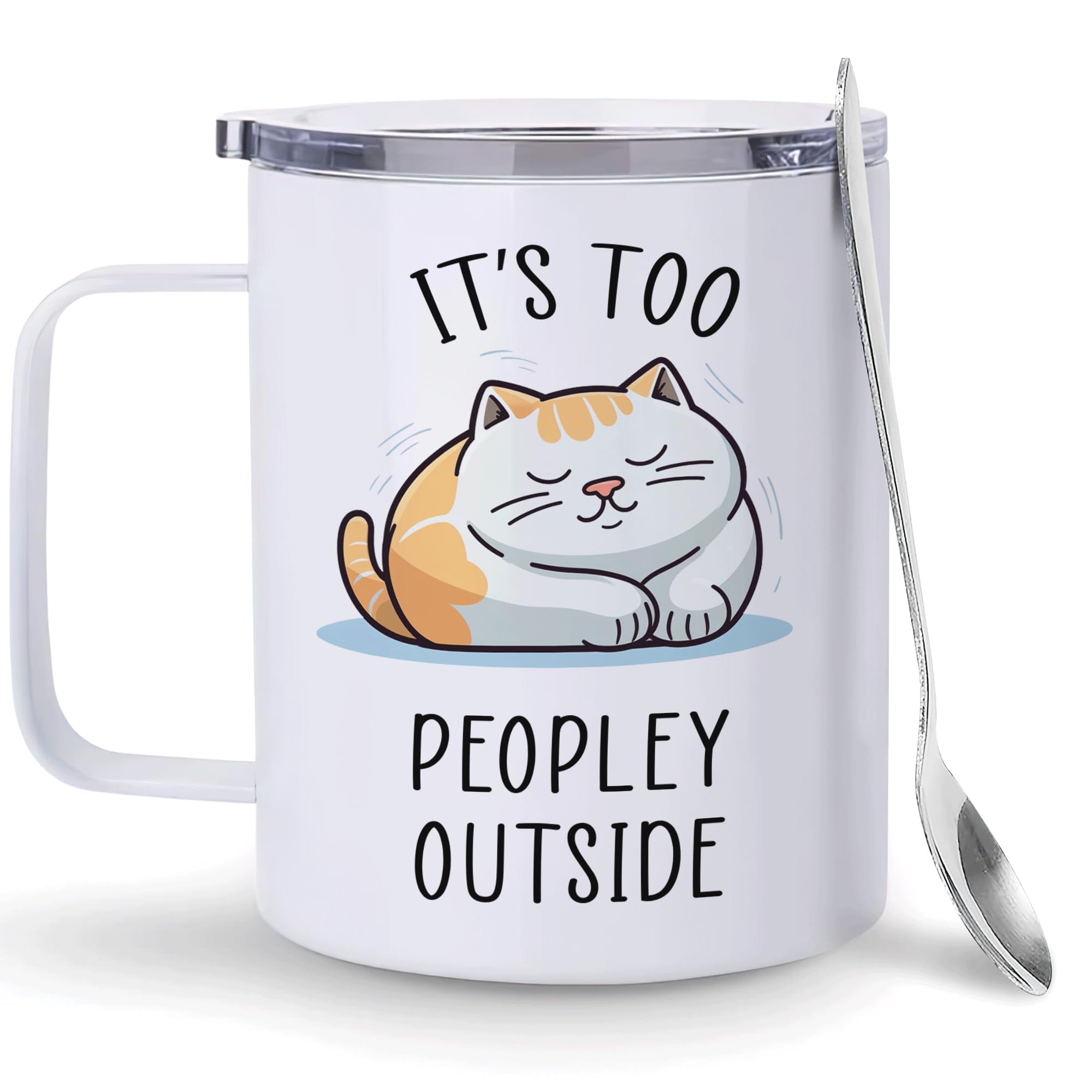 Hyturtle It's Too Peopley Outside Cat Mug With Lid & Spoon Gifts for Women | 12oz Insulat…