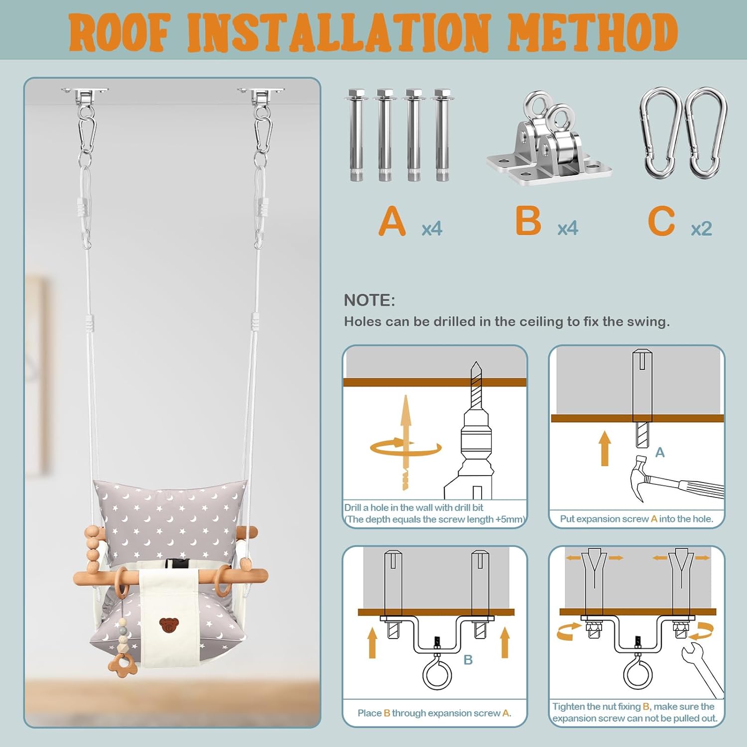 Talecogear Baby Swing – Outdoor & Indoor, Cozy Toddler Swing for Backyard, Hanging Swing Seat Chair, Cotton Canvas & Beech Wood Frame, Safety Harness, Mounting Hardware Included (White)