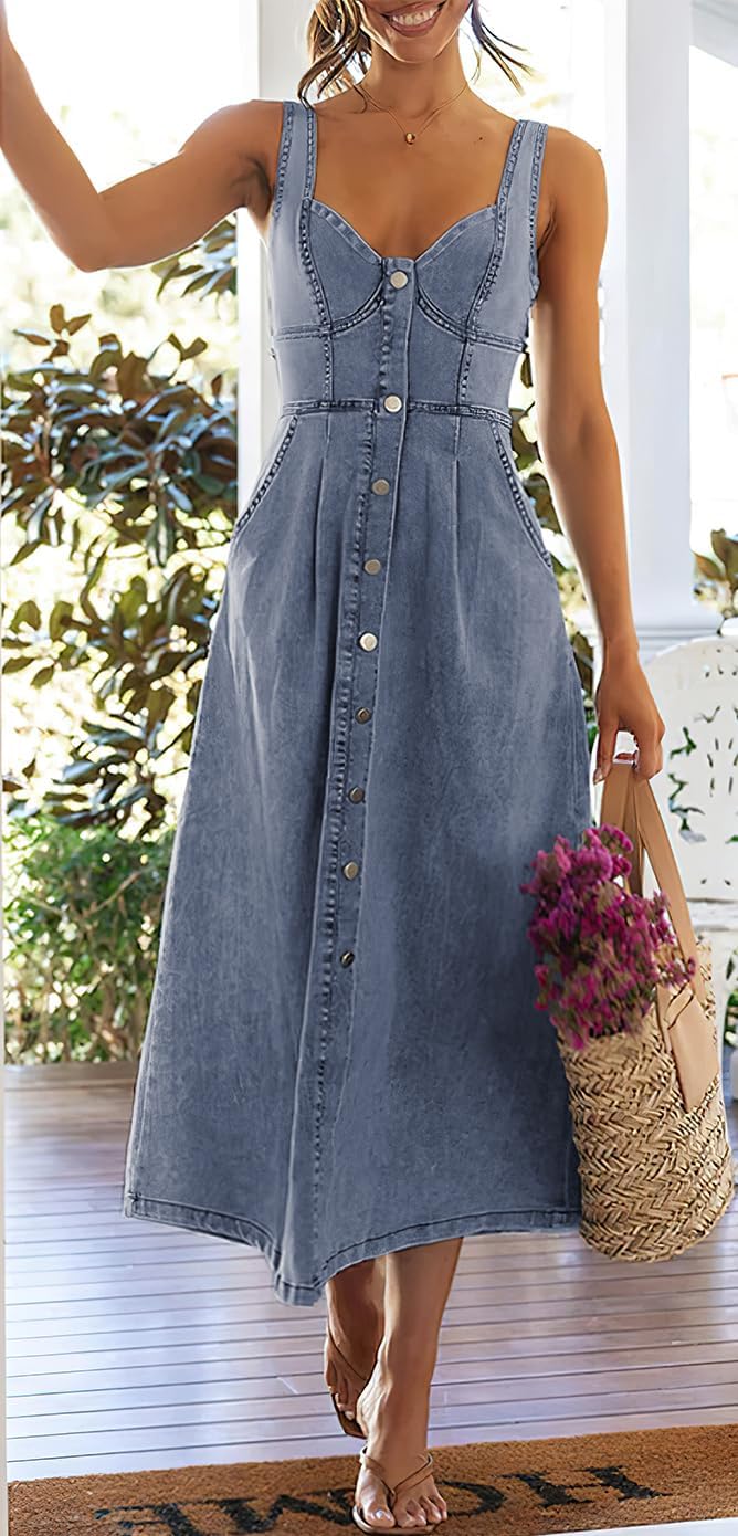 ebossy Stretchy Smocked Denim Dress for Women Sleeveless Babydoll Button Down Midi Long Jean Dresses - Image 3