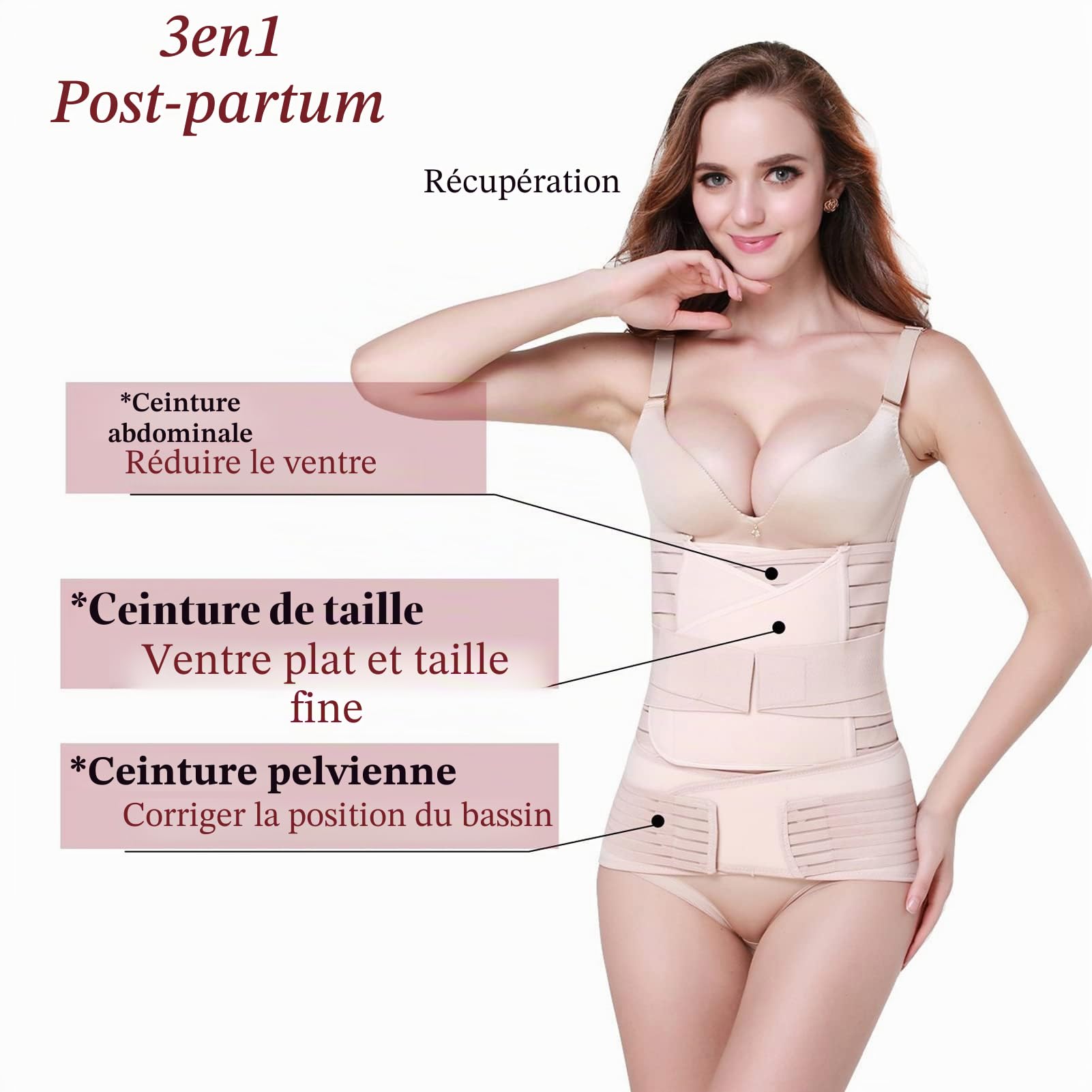 Ceinture 3 en 1 Poste Accouchement Ceinture de récupération après Accouchement,Gaine Postpartum, Pelvienne,Abdominale pour Femme Belly Belt Respirant Réglable