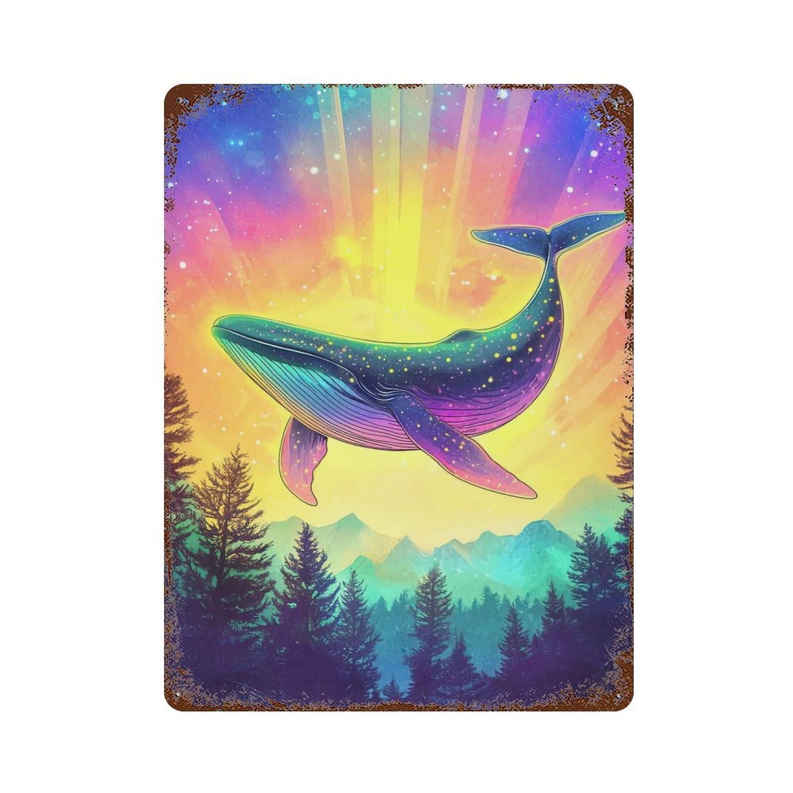 Cosmic Whale Vintage Wall Sign 15.7"x11.8", Rust Effect Metal Decor for Office, Studio And Wall Decor