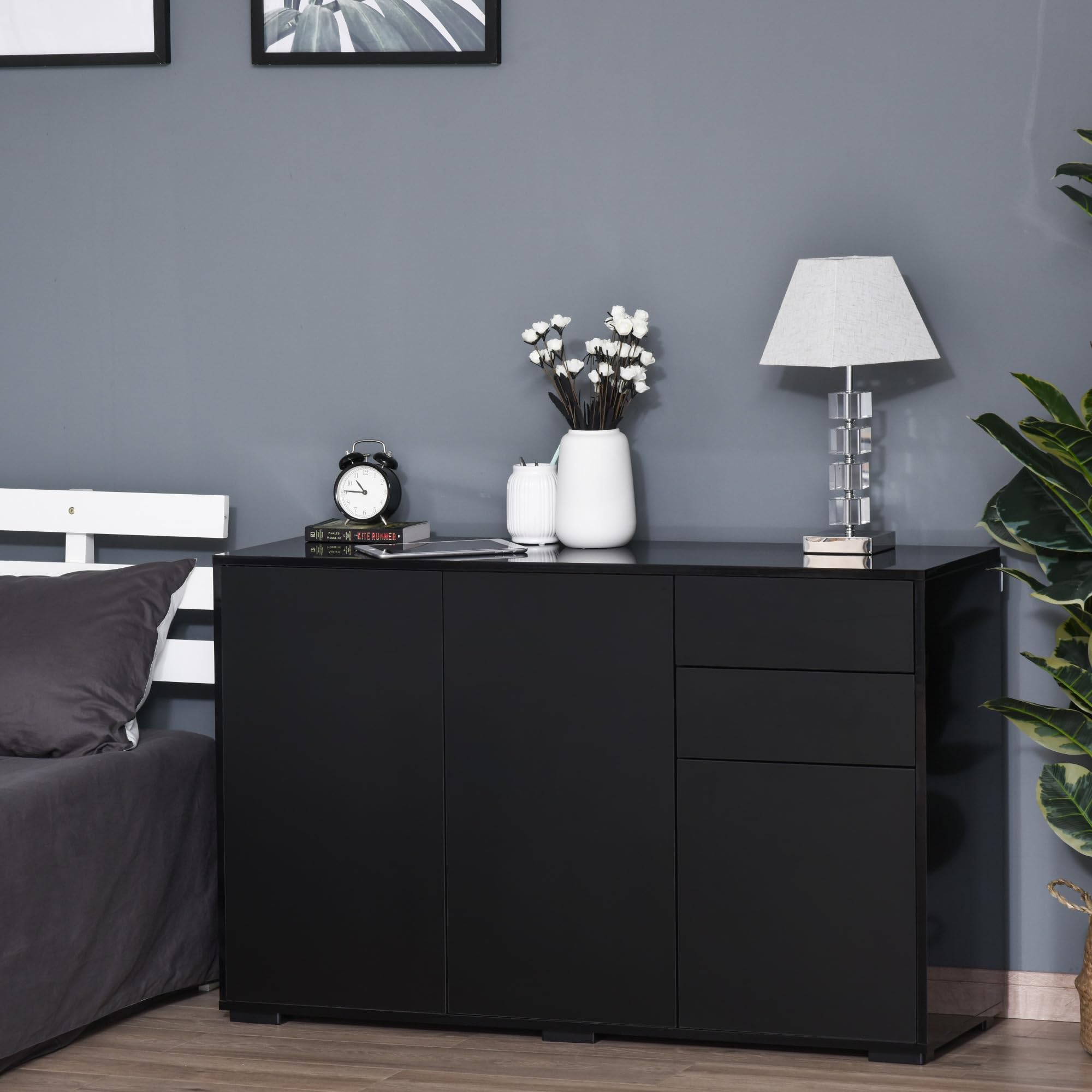 HOMCOM Mobiletto Multiuso Nero con 2 Cassetti e 2 Armadietti ad Apertura a Pressione, 117x36x74cm