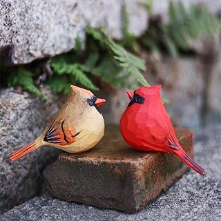 LWINGFLYER Small Carved Wooden Northern Cardinal Figurines, Handmade Male and Female Cardinal Birds Craft Set, 3.9inch Couple Birds Statues Home Decor Art Carving Work