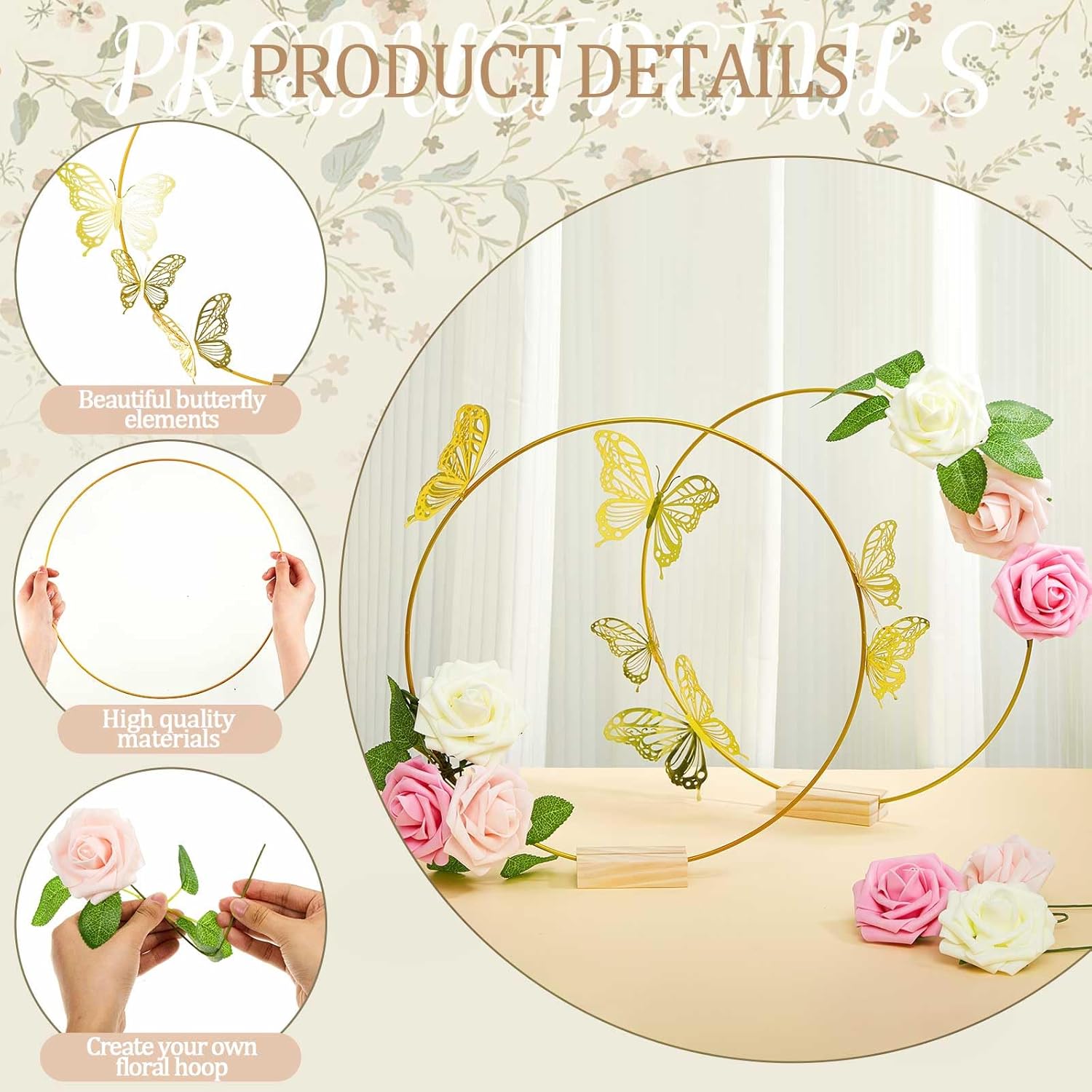 12 Set Butterfly Metal Floral Hoop Table Centerpieces, Metal Ring with 3D Butterfly Decor, PE Foam Flower, Adhesive Dot, Gold Wires for DIY Wedding Party(White, Pink, Pink,Round)