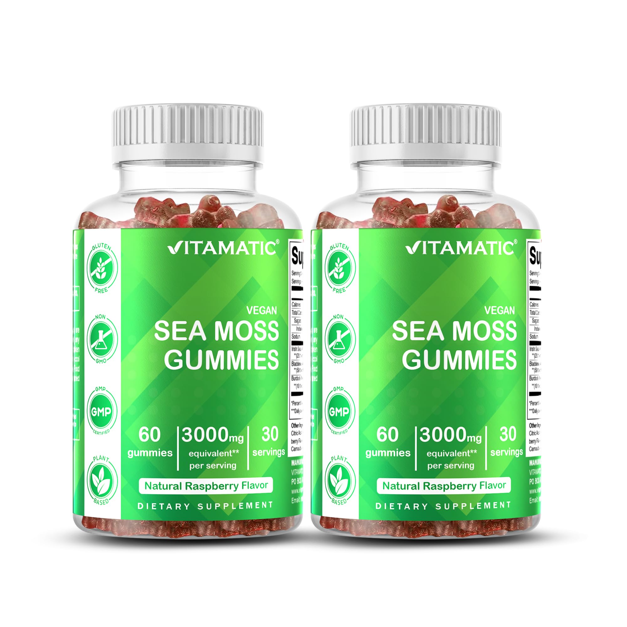 Vitamatic Irish Sea Moss Gummies – 3000 mg Equivalent Per Serving (from Extract 132.5 mg) – 60 Ct – Made with Bladderwrack & Burdock Root – 2 Pack