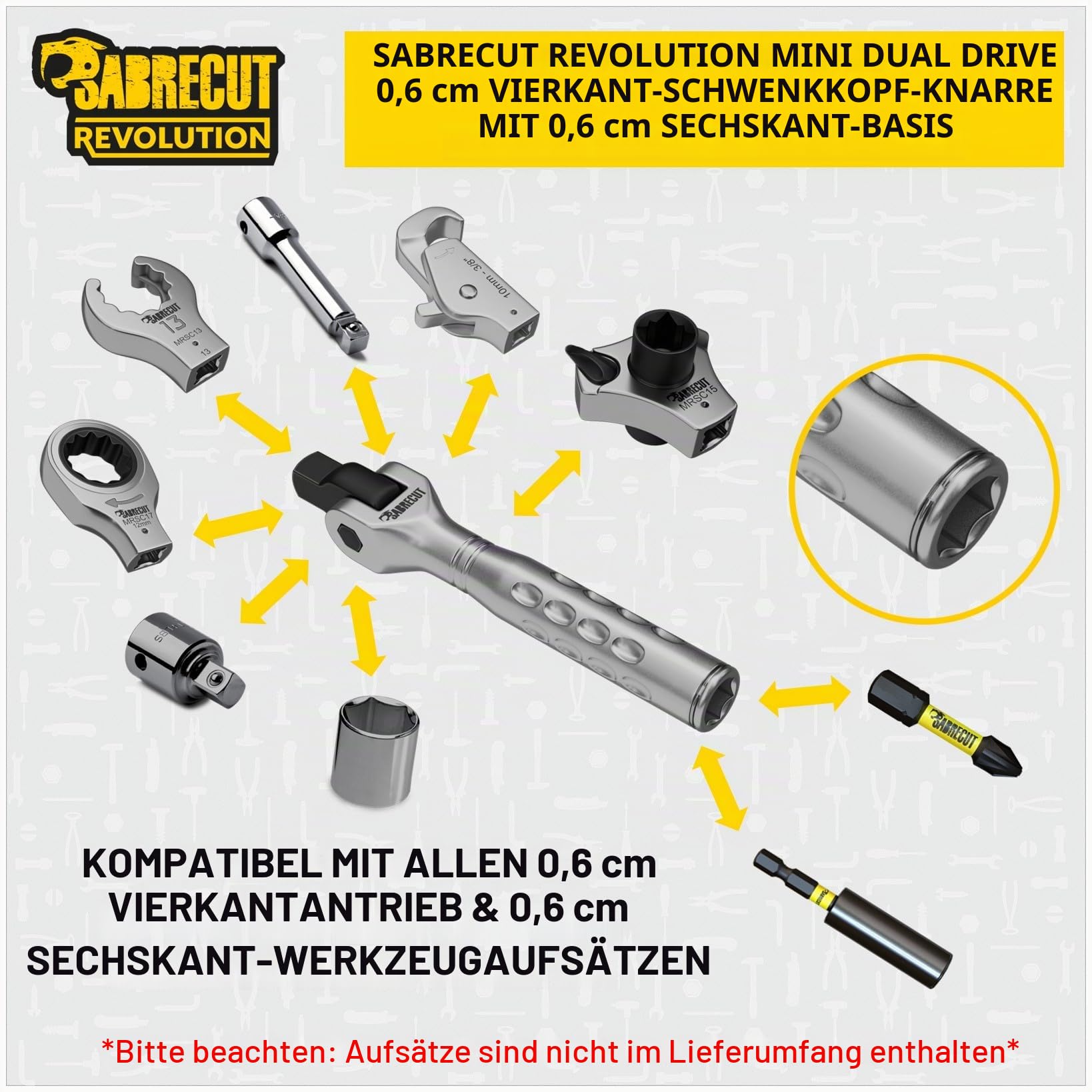 SabreCut 1 x MRSC12 Mini Dual Drive Compact 1/4" Vierkant-Drehkopf-Brecherstange mit Sechskantbasis – gerändelter, rutschfester Griff, 180-Grad-Schwenkkopf-Federverriegelungssystem