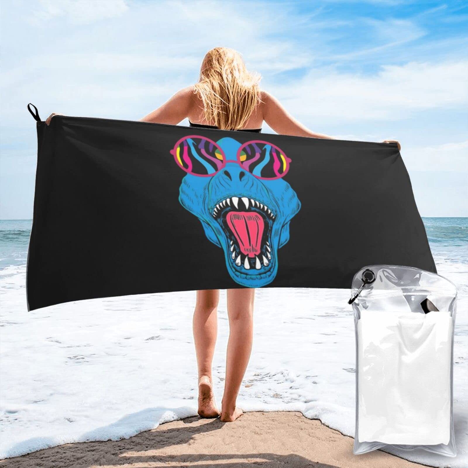 Lawenp Sunglasses Dinosaur Microfiber Beach Towel Adults Large Quick Drying Bath Towel Travel Towels with Pouch 27.5"x55"